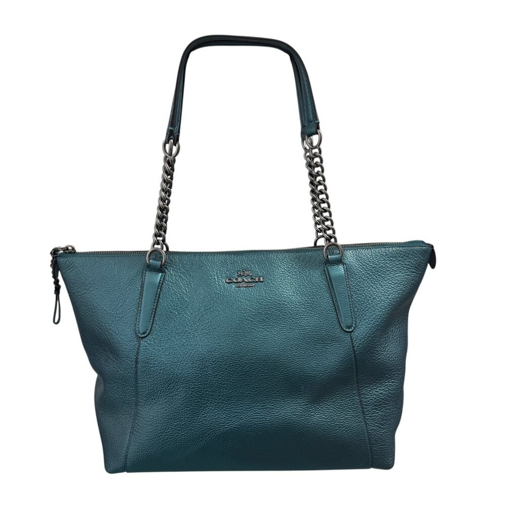 Coach Ava Chain Navy Blue Pebbled Leather Tote Bag & DB Double Handle F22208